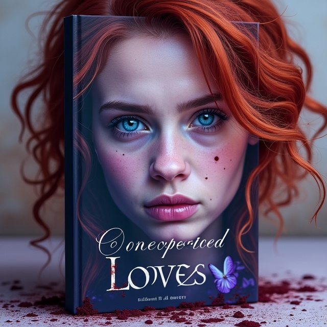 The cover features a close-up of a young woman with fiery red hair and intense blue eyes. She is looking directly at the viewer with a mix of anger and vulnerability in her expression. In the background, there are subtle lavender and blue hues, representing her unexpected love interest. The image is surrounded by a border of blood-splatter, symbolizing the possessiveness and protectiveness that will be present in the story.