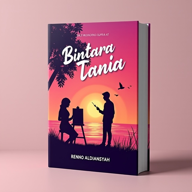 The cover features a woman painting under a sunset sky, with a man standing nearby under a tree. The colors are predominantly pink, with hints of orange and purple, representing the emotional range of the story.