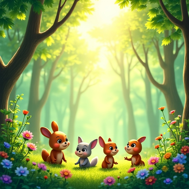 A vibrant green forest serves as the background, with rays of sunlight filtering through the treetops. In the foreground, a group of adorable animal characters, including a rabbit, squirrel, and bird, are playing together happily. They are surrounded by colorful flowers and lush vegetation, creating a lively atmosphere.
