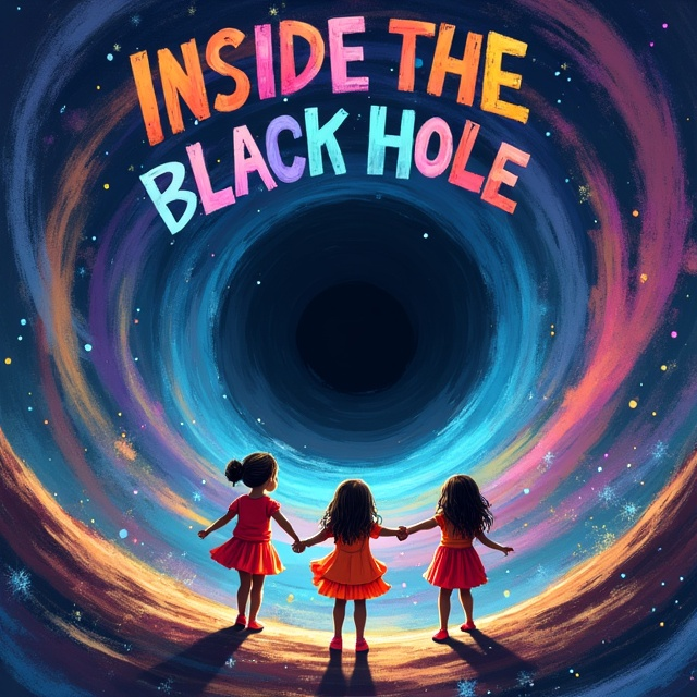 The cover features three small cute girls dressed in vibrant colors, holding hands and moving towards a large black hole. The black hole is depicted as swirling with colorful, whimsical patterns, giving it a fun and aesthetic look.