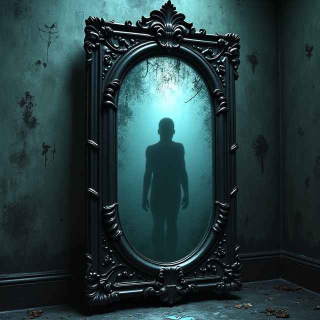 The cover features a large, ornate mirror with dark, cracked edges positioned prominently in the center. The mirror reflects a shadowy figure barely visible in the misty glass, with its face twisted in anguish. The mirror's surface shimmers ominously, suggesting something malevolent behind the glass. The mirror is set against the backdrop of a dimly lit, decaying room inside the Ashwood Inn, with peeling wallpaper and hints of old medical equipment in the shadows. The lighting is soft, casting long shadows to evoke a sense of abandonment and dread. Faint whispers and outlines of hands pressing against the glass can be seen in the background.