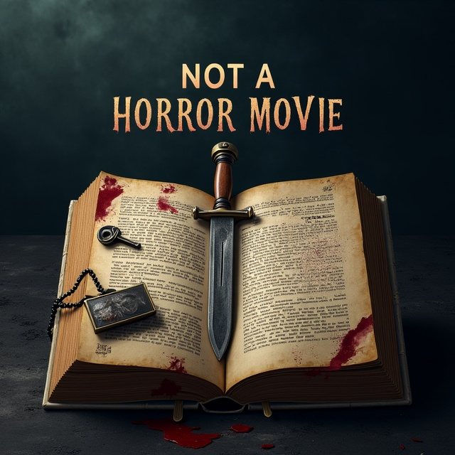 The cover features a dark, mysterious background with shadows creeping in from the corners. In the center, an old journal is open, revealing its yellowed pages and handwritten notes. On top of the journal, a blood-stained dagger is placed, partially covered by a set of old keys. A vintage phone is placed next to the journal, adding to the intrigue and mystery of the cover.