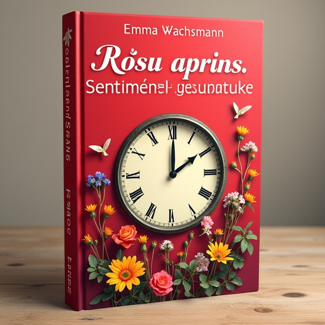 The cover features a vibrant red background with a clock positioned in the center. The clock has a heart-shaped cutout, symbolizing the timeless nature of emotions. Surrounding the clock are various nature elements such as flowers, leaves, and birds, representing the healing and cathartic power of nature.