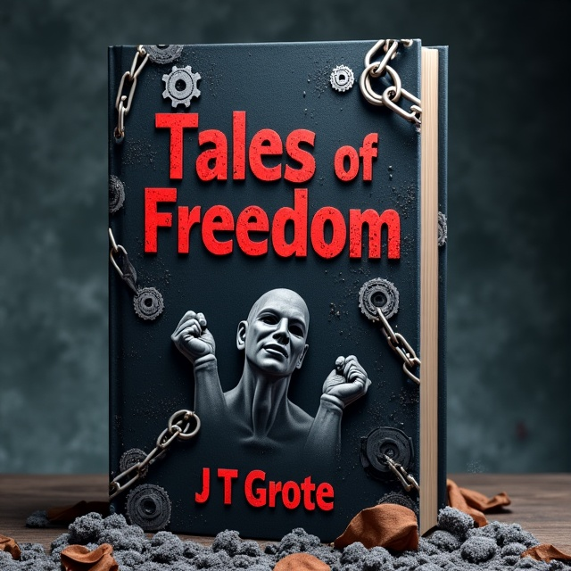 The cover features a dark background with chains stretching diagonally across the book. Cogwheels are scattered throughout the chains, representing a dystopian world. Raised fists emerge from the chains, symbolizing resistance and rebellion. Masks with different facial expressions are placed strategically among the chains, representing the various characters in the book. Smoke and ash fill the spaces between the elements, creating a sense of hopelessness and despair.