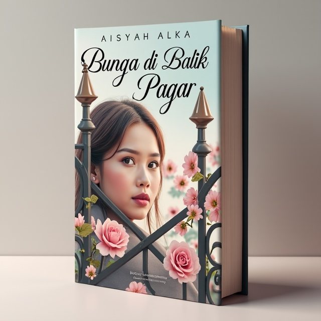 The cover depicts a close-up of a young woman, Aisyah Alka, looking out from behind a wrought iron fence with blooming flowers intertwined in it. The colors are soft and dreamy, creating a romantic atmosphere.