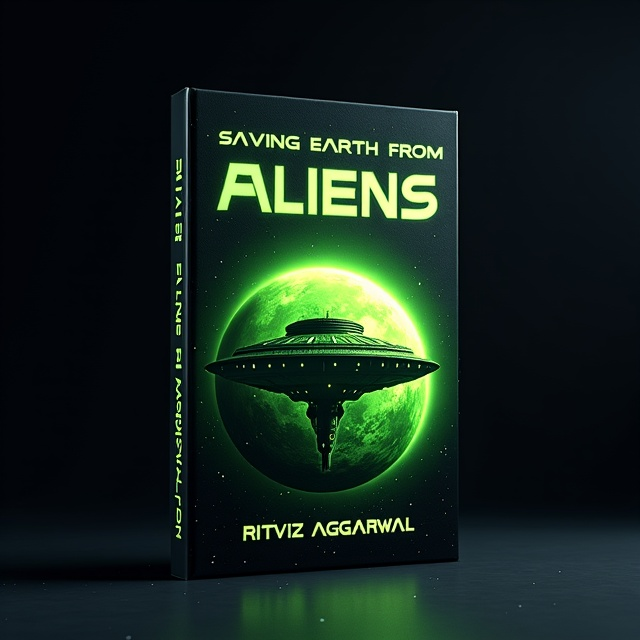 A black background with stars scattered across it. In the center, there is a large, detailed image of a menacing alien spacecraft hovering over a vibrant green Earth. The spaceship is illuminated with a bright, otherworldly glow.