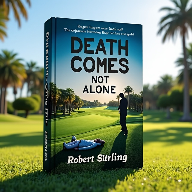 The cover features a panoramic view of a beautiful golf course in Portugal, with lush green grass and palm trees in the background. In the foreground, there is a shadow looming over a dead body lying on the ground, indicating the presence of a detective. The title "Death Comes Not Alone" is displayed boldly in large, bold letters at the top of the cover, while the author's name, Robert Stirling, is placed at the bottom in a smaller, elegant font.