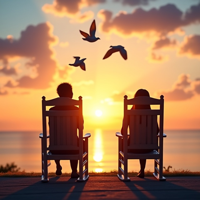 The cover features two rear-facing rocking chairs, positioned in front of a breathtaking sunset. The chairs are empty, except for one, which is occupied by an African American woman (seen from behind). Doves are flying gracefully in the sky, symbolizing hope and peace.