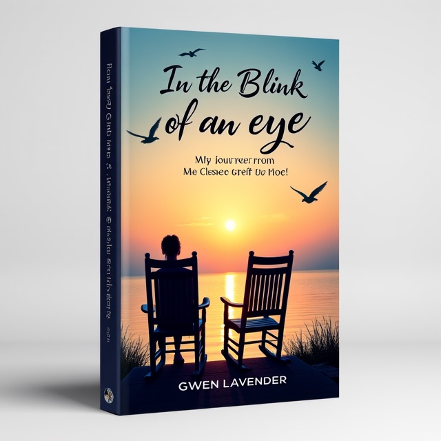 The cover features a serene water view at sunset with a pair of rear-facing, cady-corner rocking chairs. One chair is occupied by a woman, while the other sits empty, symbolizing the loss of a husband. Doves are shown flying over the scene, representing hope and peace.