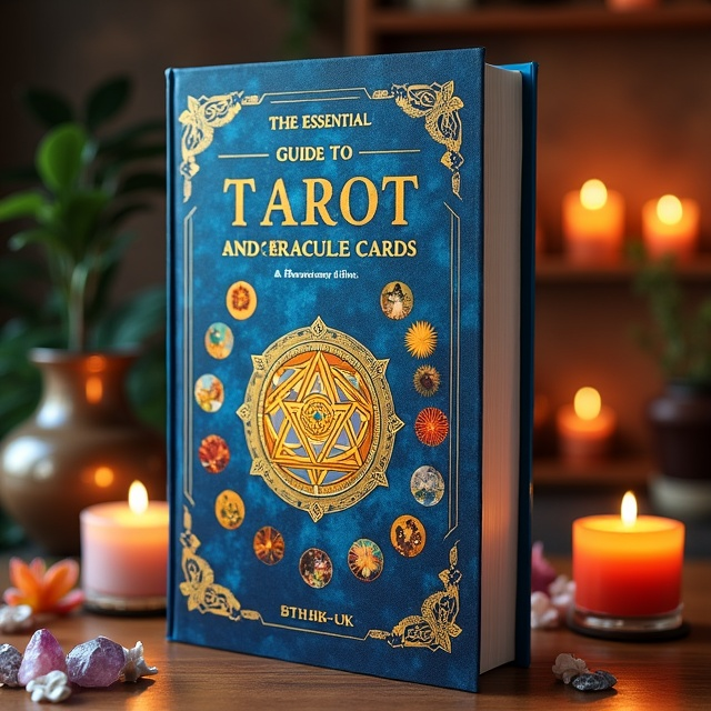 The cover features a close-up image of a tarot card spread, with various tarot and oracle cards arranged in an aesthetically pleasing pattern. The cards are surrounded by mystical elements like crystals and candles, creating an atmosphere of spiritual connection.