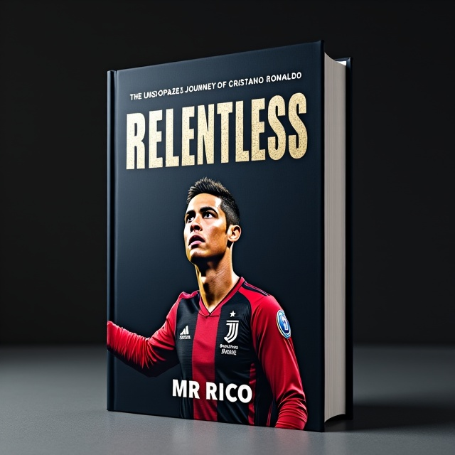 The cover features a compelling image of Cristiano Ronaldo in action, showcasing his determination and unstoppable journey. The image is set against a dark background, symbolizing the challenges he has faced and conquered. The title, "Relentless," is prominently displayed in bold, motivational typography, emphasizing the book's theme. The author's name, MR RICO, is placed at the bottom in a sleek and modern font, complementing the overall design.