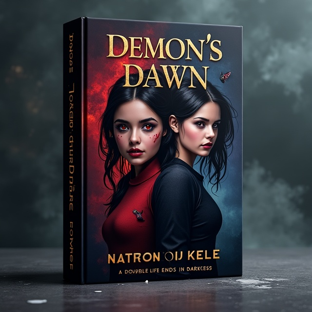 The cover features a split image of a half-demon girl on one side and a spy girl on the other side, leaning on each other's back. The demon girl is depicted with fiery red eyes, horns, and black wings, while the spy girl is shown wearing a sleek black outfit, holding a dagger. The background is a dark, gothic setting with eerie shadows and mist.
