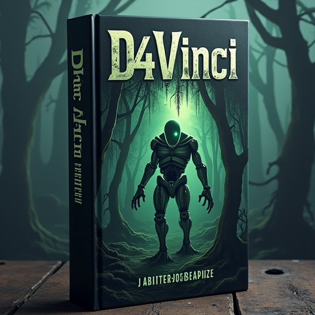 The cover features a dark, eerie forest with twisted trees and foggy atmosphere. In the center, there is a biomechanical creature with mechanical parts integrated into its organic form, creating an uncanny valley effect. The creature's eyes glow with an unnatural green light, adding to the horror element.