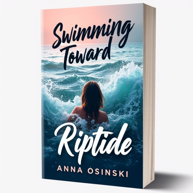 The cover features a close-up view of a woman swimming through crashing waves, with the ocean stretching out in the background. The colors are a mix of deep blue and soft pink, creating a contrast between the power and danger of the riptide and the vulnerability of the woman. The waves are depicted as torn and fragmented, representing the heartbreak and turmoil explored in the book.