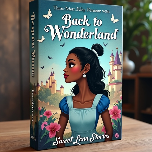 The cover features a central image of Alice from Alice in Wonderland, with a twist. She has black hair, brown skin, and black eyes, representing a more diverse interpretation of the character. Alice is positioned in the middle, gazing off into the distance with a look of intrigue. In the background, the White Rabbit waits, symbolizing the adventure that awaits Alice. The Queen of Hearts' castle is seen in the distance, adding depth to the scene.