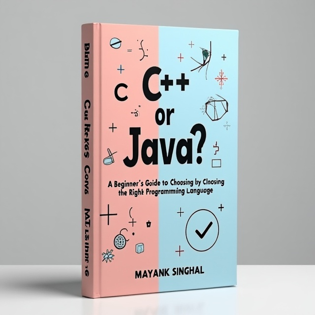 The cover features a split-screen design with a contrasting color palette. On the left side, there is an illustration of a C++ code snippet, while on the right side, there is an illustration of a Java code snippet. The illustrations are modern and minimalistic, with clean lines and simple shapes.