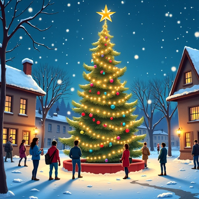 The cover features a festive snowy village square, with a large decorated Christmas tree as the central focus. Twinkling lights adorn the tree and illuminate the surrounding area. Ten caricatures of the authors are spread around the square, each representing their respective genres. Three authors are depicted in futuristic outfits or using sci-fi gadgets, two as detectives in trench coats, and the others reflecting horror, romance, and intimate stories. Snow softly falls from the sky, creating a magical atmosphere.