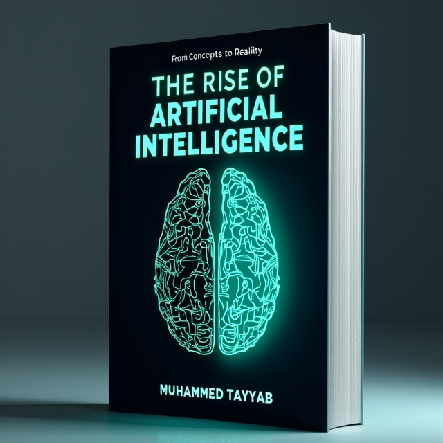 The title "The Rise of Artificial Intelligence" is placed prominently at the top center of the cover, slightly above the center, with "From Concepts to Reality" in a smaller font underneath. In the middle section, a graphic of a brain is split into half-human and half-machine, symbolizing the evolution of AI. The bottom section features Muhammad Tayyab's name in a clean, modern font at the bottom center. The overall style is futuristic and innovative, with neon blue and green colors representing technology and the future.