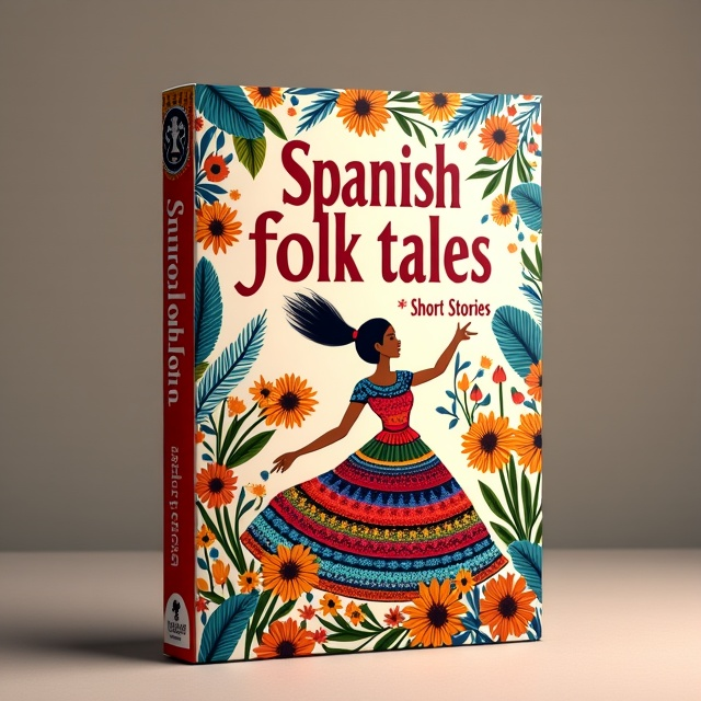 The cover features a vibrant illustration of a traditional Spanish dancer in a colorful dress, surrounded by elements of Spanish folklore like a guitar, a fan, and a bull. The background is filled with intricate patterns inspired by Spanish tiles.