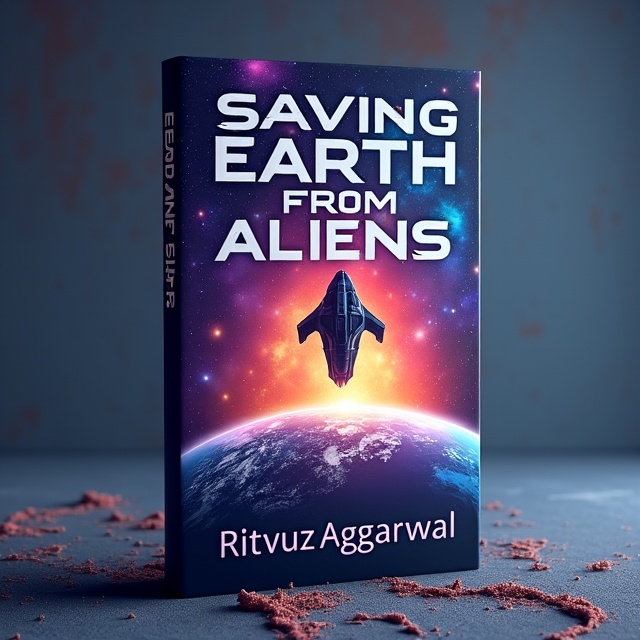 The cover features a stunning image of the universe as the background, with vibrant colors representing the vastness of space. In the foreground, a menacing alien spaceship hovers above a beautifully rendered image of the Earth, highlighting the theme of the book.