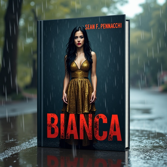 The cover features a photorealistic scene of a woman standing in the rain, wearing an elegant gold and black dress. Her long black hair is drenched, and her makeup is smeared, adding a sense of vulnerability. The puddle at her feet reflects her image, capturing the melancholic moment.