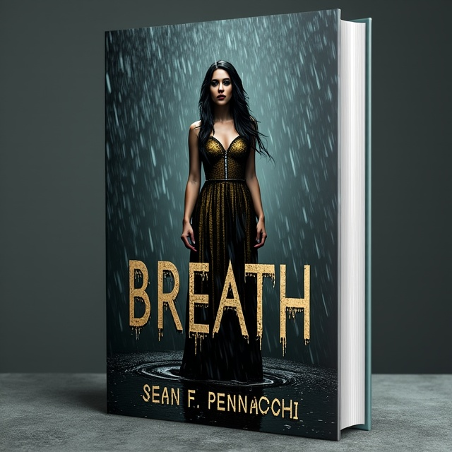 The cover features a woman standing in the rain, wearing an elegant gold and black dress. Her long black hair is drenched, and her makeup is smeared, adding a sense of vulnerability. The puddle at her feet reflects her image, capturing the melancholic moment.