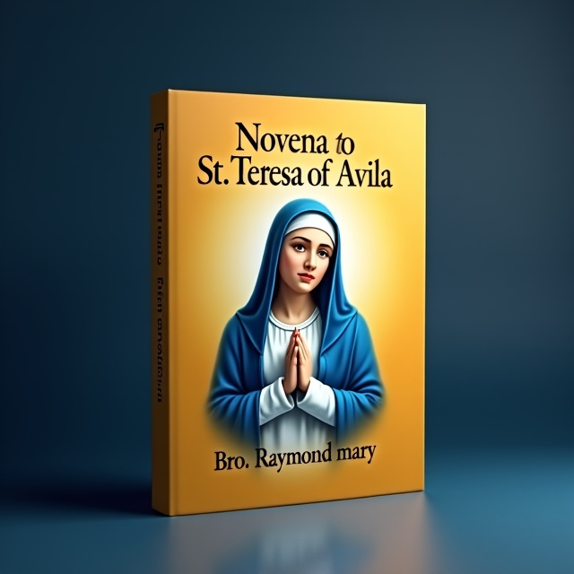The cover features a dark yellow background that gradually fades into a gradient blue. In the center, there is a prominent image of St. Teresa of Avila, depicted in a serene and contemplative pose, surrounded by a soft blue glow. The title of the book is placed at the top in a bold, elegant font, while the author's name is placed at the bottom in a more delicate script.