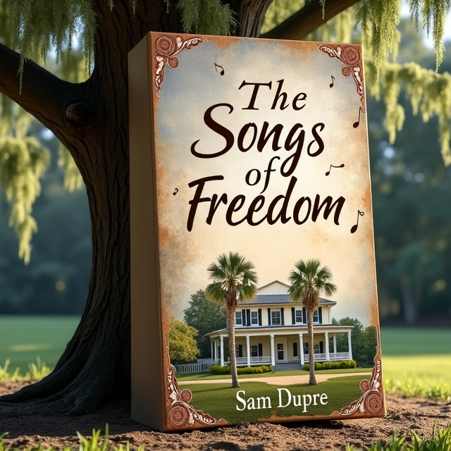 A cypress tree with Spanish moss stands tall in the foreground, against a backdrop of a plantation house and a bayou. Music notes float in the air, symbolizing the importance of music in the story.