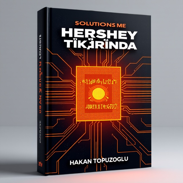 The cover features a futuristic computer circuit board with vibrant orange lines and squares, creating a sense of energy and technology. In the center, there is a large square representing solutions, with binary code flowing out of it. The title "Herşey Tıkırında" is displayed in bold white letters on the top, while the author's name, Hakan TOPUZOGLU, is placed at the bottom in a sleek and modern font.