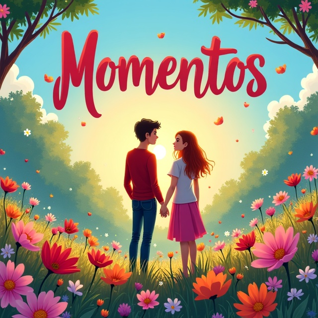 A vibrant and colorful illustration of a couple surrounded by blooming flowers in a spring landscape, with the changing seasons depicted in the background. The princesses from the childhood stories are shown in the distance, adding a touch of magic and nostalgia.