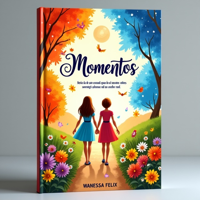 A vibrant and colorful illustration of a couple holding hands and walking through a changing landscape, with blooming flowers representing spring, a bright sun representing summer, falling leaves representing autumn, and snowflakes representing winter. Above them, a group of princesses are shown, with their eyes sparkling.