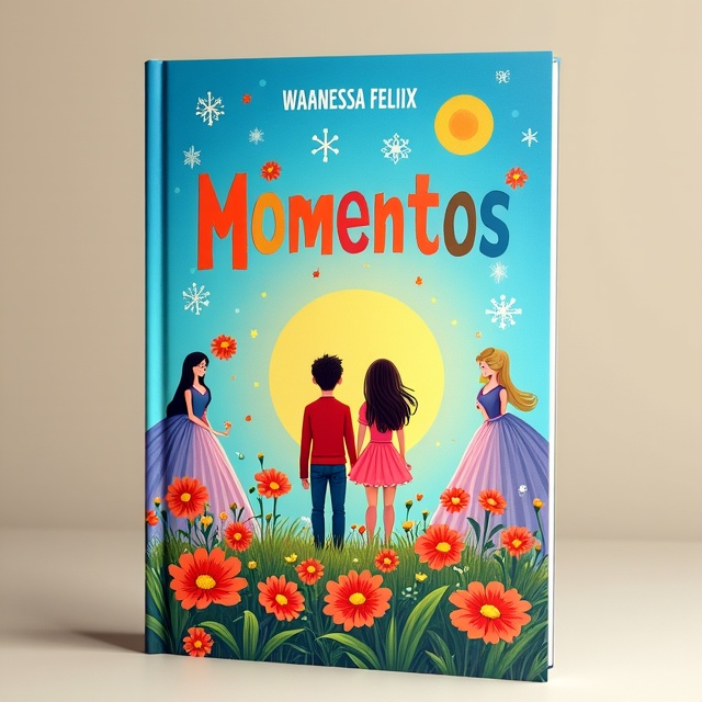 The cover features a vibrant and colorful illustration of a couple standing among blooming flowers, representing the spring season. The couple is surrounded by various elements that symbolize the different seasons, such as the sun and snowflakes. In the background, there are enchanting princesses, reflecting the imagination and dreams of the characters.