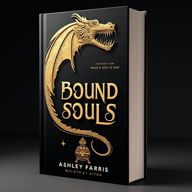A black background with a large gold dragon wing sweeping across the top left corner and wrapping around the title, "BOUND SOULS," in elegant gold lettering. In the center of the cover, there is a golden ribbon or string that intertwines with the title, representing the soulmate bond. The lower right corner features a subtle image of a cauldron and witchcraft symbols, adding an element of magic and darkness to the design.