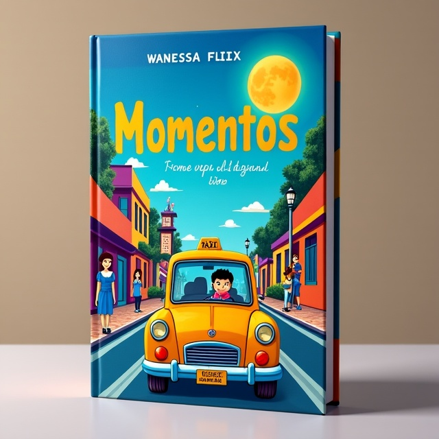 The cover features a taxista driving through a colorful cityscape, with elements of magical realism. In the background, there is a bright moon shining down, representing the dream-like atmosphere of the book. On the sides, there are illustrations of a teacher and a princess, symbolizing different aspects of the protagonist's journey. The cover is vibrant and captivating, with a mix of realistic and fantastical elements.