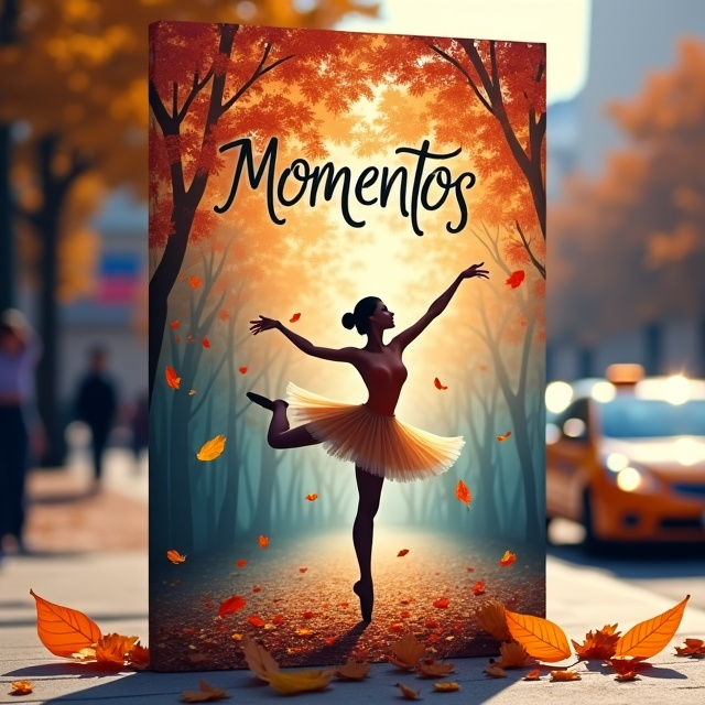 The cover features a ballet dancer in a graceful pose, surrounded by falling autumn leaves. In the background, a cityscape with a taxi passing by creates a sense of movement. The title "Momentos" is displayed in elegant script font above the dancer, with the author's name, Kelly Felix, in a clean and modern sans-serif font at the bottom.
