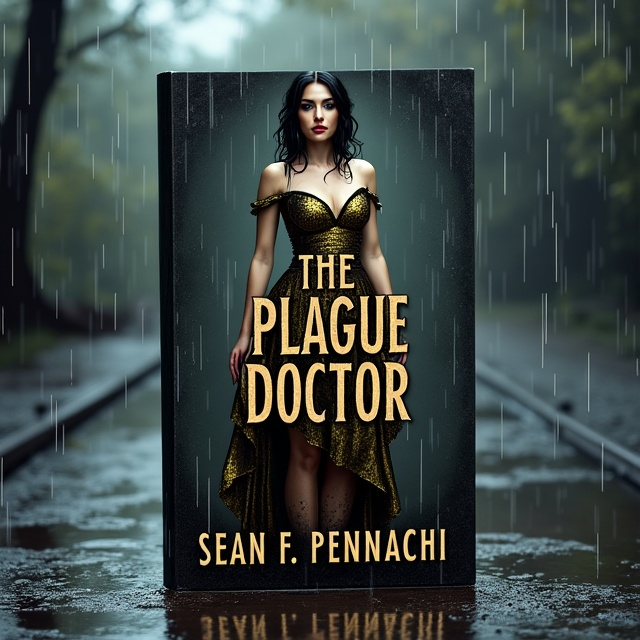 The cover features a photorealistic image of a woman standing in the rain, wearing an elegant gold and black dress. Her hair is soaked, and her makeup is smeared, adding vulnerability to her appearance. The puddle at her feet reflects her image, creating a melancholic moment. The overall tone is dark and mysterious, with hints of fantasy elements incorporated into the scene.