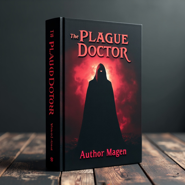 The cover features a dark, atmospheric background in black, with a prominent image of a sinister plague doctor in red. The image is slightly faded to create a sense of mystery and intrigue. The title "The Plague Doctor" is displayed in bold, gothic font at the top of the cover, while the author's name is positioned at the bottom in a smaller, elegant font.