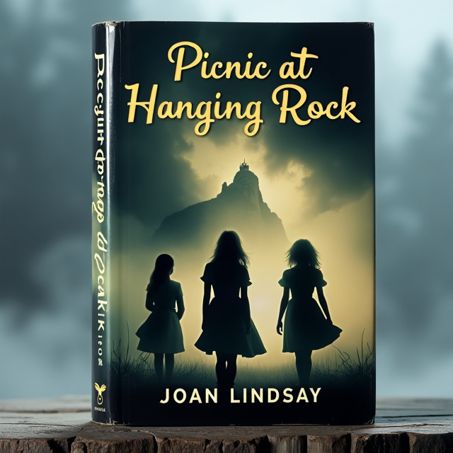 The cover features a haunting image of Hanging Rock in the background, with a mysterious mist enveloping the scene. In the foreground, three silhouettes of girls are seen, representing Miranda, Irma, and Marion. Their figures are slightly faded, symbolizing their disappearance.