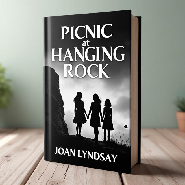 The cover features a black and white photograph of three girls standing at the edge of Hanging Rock, partially covered in a mist. The photograph is divided into puzzle pieces, with some pieces missing to signify the mystery and the girls' disappearance.