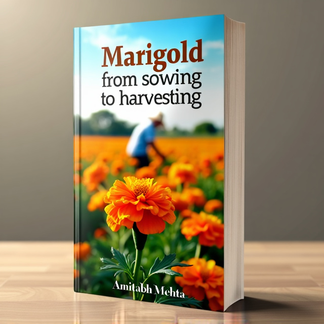The cover features a vibrant image of a blooming marigold plant in the foreground, with a farmer in the background tending to the flowers. The composition is balanced and visually striking, drawing the viewer's attention to the main elements of the book's subject matter.