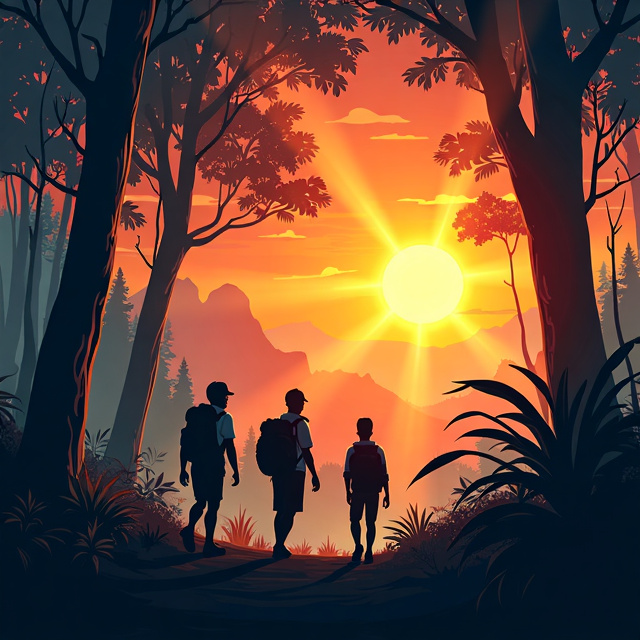 The cover features a vibrant sunset scene with silhouettes of young adventurers in the foreground, trekking through a dense jungle. Rays of golden light cascade through the trees, creating a sense of mystery and excitement.