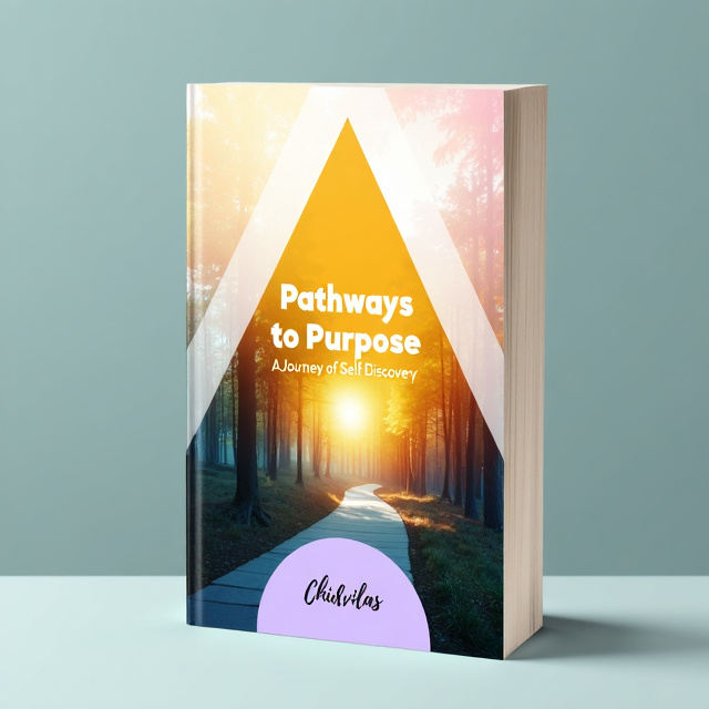The cover features a soft watercolor background with a gradient from light pastel blue to gentle peach. In the top left corner, a bold saffron yellow triangular shape symbolizes growth and progression, with the book title "Pathways to Purpose" in a clean white sans-serif font overlaying it. In the center, a high-resolution image of a winding path through a sunlit forest represents the journey of self-discovery. In the bottom-right corner, a lavender gradient circular shape holds the author's name "Chidvilas" in an elegant script font.