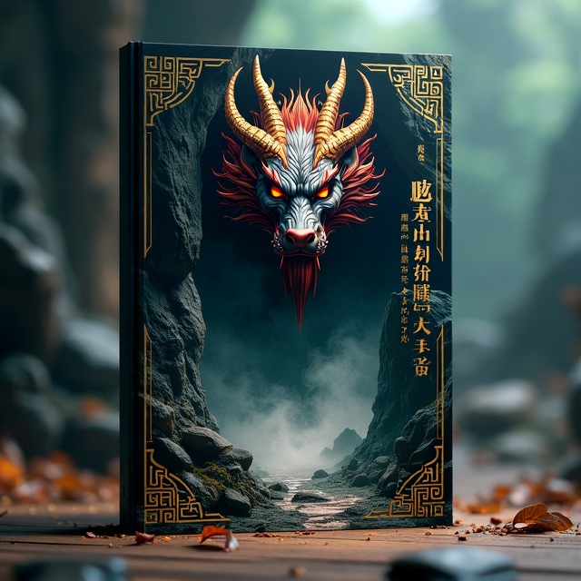 The book cover features a powerful and intimidating image of a Chong, a mythical creature, with a majestic beast head, fiery red or golden eyes, dragon-like scales, and sharp claws. The Chong is positioned in the center of the cover, surrounded by an ancient cave entrance. The background is a mysterious forest, shrouded in mist and shadows, with hints of strange patterns and ancient ruins. The overall color scheme is dark, with contrasting metallic accents.