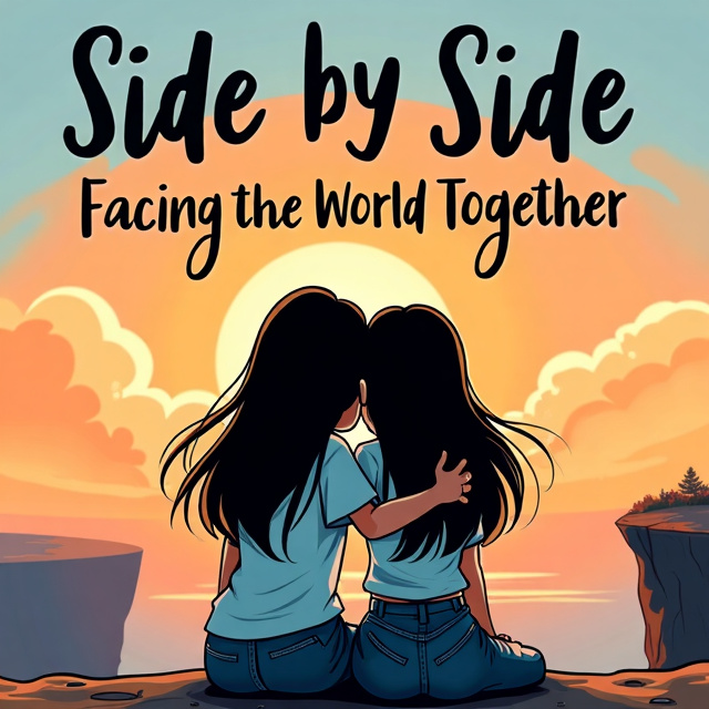 Two girls with long dark hair hugging each other on a cliff edge, watching the sunset and the world being surrounded by them. Cartoonish style.