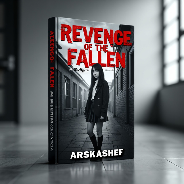The cover features a Korean girl standing in front of a school building, with a cool and confident expression on her face. The background is a mix of black and white, representing the thriller and suspense genre. The title, "Revenge of the Fallen A Bully's Nightmare" is prominently displayed above the girl, with bold and edgy typography. The girl is wearing a school uniform, symbolizing the setting of the story.