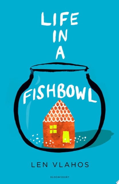 The cover art features a fishbowl with a small house inside, set against a bright blue background.