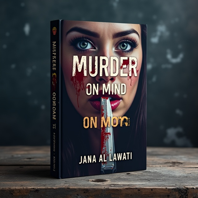 The cover features a close-up image of a distressed woman's face, with blood splatters on her cheeks and a knife held to her throat. The overall tone is dark and eerie, with a blurred background of an ominous and shadowy room.