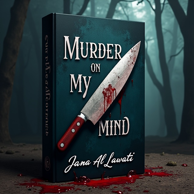 The cover features a dark, enchanted forest as the background, with a hint of blood-red mist seeping through the trees. In the center, a close-up image of a knife is positioned diagonally, partially piercing through the title "Murder on my mind." Drops of blood seem to drip from the tip of the knife. The author's name is placed at the bottom, in an elegant yet slightly distorted font style, mimicking the unsettling atmosphere of the book.