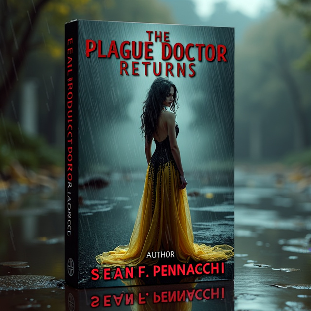 The cover features a photorealistic scene of a woman standing in the rain, with an elegant gold and black dress. Her hair and makeup are disheveled, conveying vulnerability. A reflection of her image is seen in a puddle, creating a melancholic atmosphere.