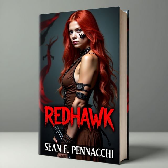 The cover features a close-up portrait of a 23-year-old woman with long red hair, half Native American and half white, wearing a revealing buckskin dress. She has black war paint on her face, exuding a sense of power and intensity. The background is dark, with hints of red and black swirls, representing the dark fantasy genre. She is holding a gun in a holster, symbolizing her strength and determination.